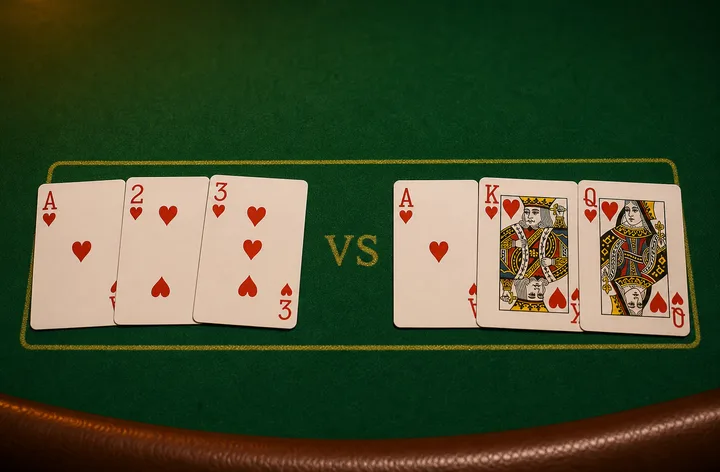 A-2-3 and A-K-Q three-card Teen Patti sequences compared on split felt zones