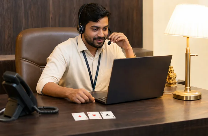 Support desk with Teen Patti cards, chips and notepad in warm home cardroom light