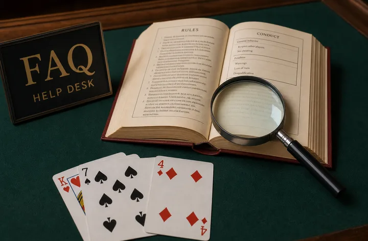 FAQ desk with Teen Patti cards, chips and notebook in warm cardroom light