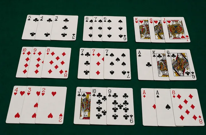 Physical Teen Patti sequence hands arranged in descending order on a mature green felt practice table