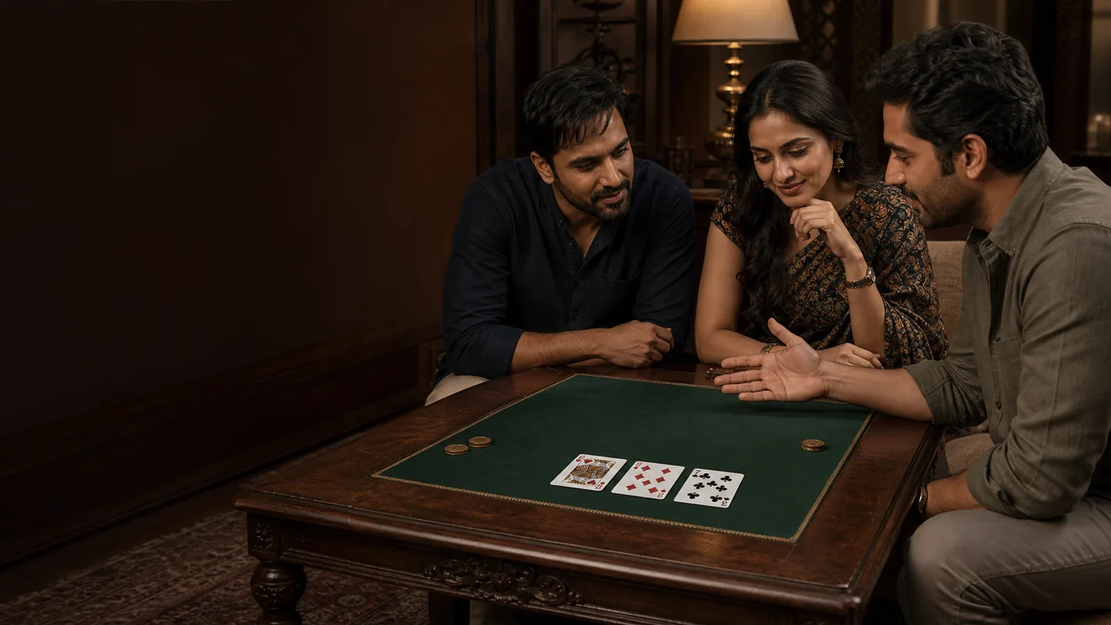 Three adult Indian friends learning from one physical three-card Teen Patti hand on a felt table