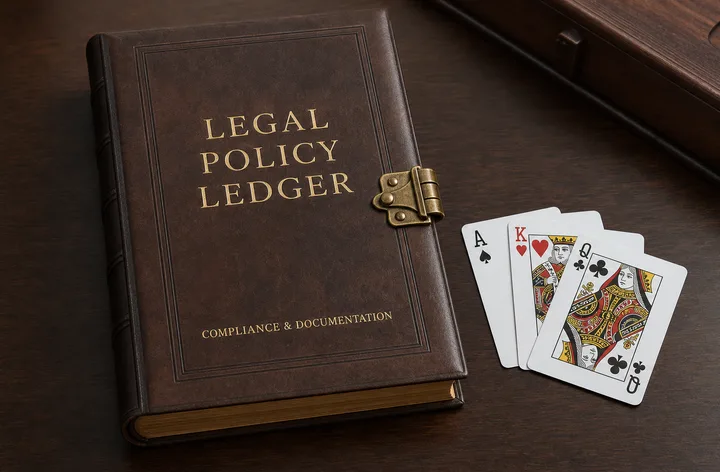 Policy ledger book on desk beside Teen Patti cards and gold practice chips