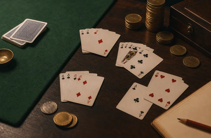Printable Teen Patti ranking reference sheet on maroon desk with card examples