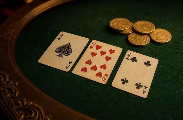 Three physical Teen Patti cards — Ace of Spades, Ten of Hearts and Four of Clubs — on a green felt table with practice chips