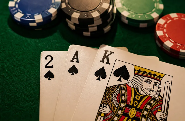 2-A-K three-card layout on felt illustrating sequence validity question for Teen Patti