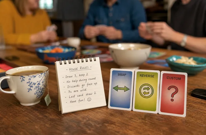 Adult friends table with a written Teen Patti house-rule card beside physical cards and virtual chips