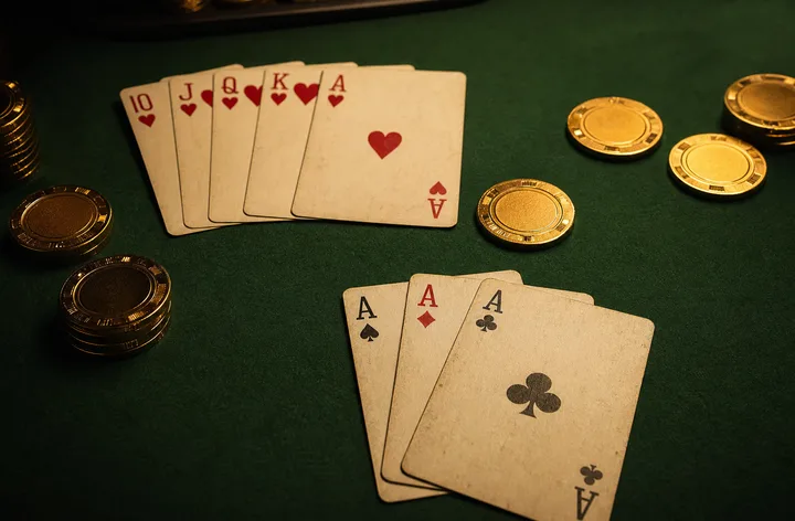 Trail hand on a green felt Teen Patti table — Ace of Spades, Ace of Hearts and Ace of Clubs with practice chips