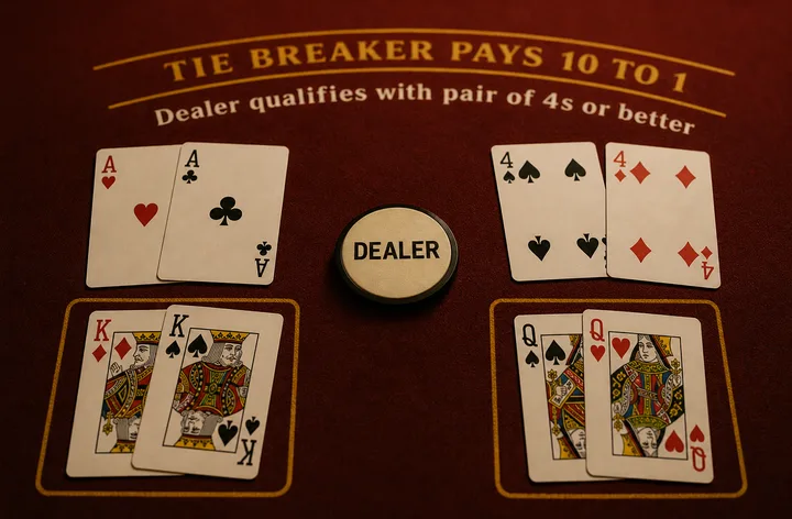 Teen Patti tie breaker study desk with three-card hands and notebook on maroon felt