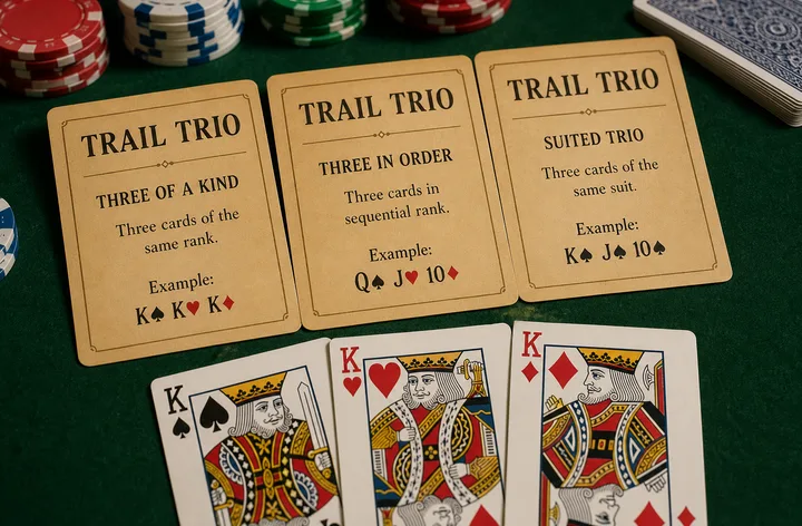 Three kings as Trail or Trio hand on dark felt with gold crown chip accent